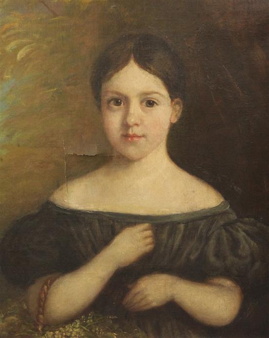 19th century English School Portrait of a girl holding a basket of flowers 21 x 18in.
